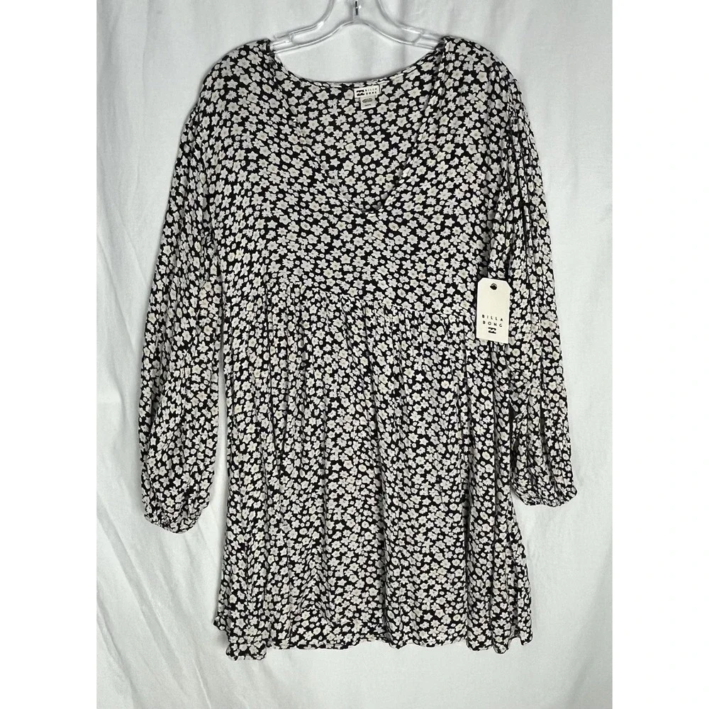 Billabong Dress Secret Wish Womens M Black Ditsy Floral‎ Mini Balloon Sleeve New